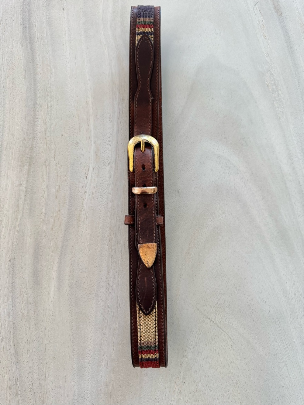 Vintage Southwestern Leather Woven Canvas Belt Brass Buckle Quiet Luxury Muted